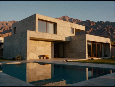 Cinematic wide shot of a modern concrete villa with clean lines, pool reflecting the Atlas Mountains at golden hour, warm medium format film.