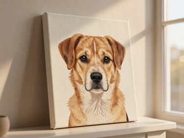 Close-up of a finished custom pet memorial canvas portrait, displayed on a warm neutral mantle with soft golden-hour window light, shallow depth of field.