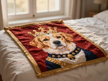 Macro shot of a custom pet memorial blanket with a regal portrait, showing the rich texture of the fabric under warm studio lighting.