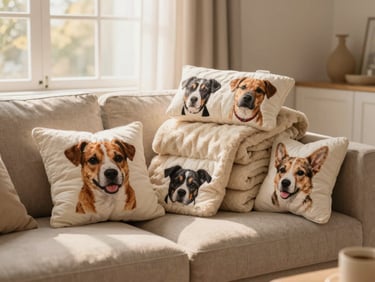 Stack of custom pet portrait blankets and shaped pillows on a cozy sofa in a warm-neutral living room, soft golden-hour window light, rich textures, shallow depth of field.