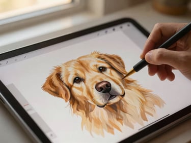 Macro shot of a digital painting process on a tablet, showing intricate brushstrokes on a pet portrait, with an artist's hand visible in soft, warm studio lighting.