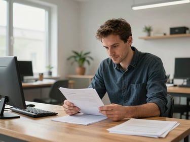 Medium shot of a focused Quebecois business owner reviewing documents at a clean wooden desk in a modern workshop, natural daylight, documentary feel.