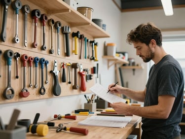 A bright, real Quebecois workshop with tools organized neatly on a pegboard, a business owner in the background analyzing a document