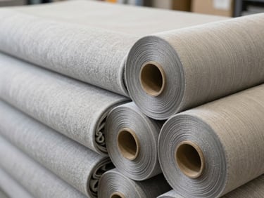 Rolls of stacked grey and sand colored textiles in a clean modern warehouse, geometric alignment, soft natural light