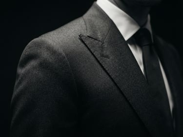 Low-angle cinematic shot of a structured charcoal suit shoulder and sharp lapel, dramatic studio lighting with deep shadows, high-end editorial fashion photography.