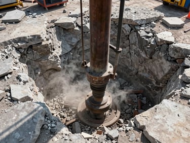 Tight overhead angle of a rotary bored pile rig drilling through fractured limestone bedrock on a commercial high-rise site, dust and rock chips at bore collar, daylight