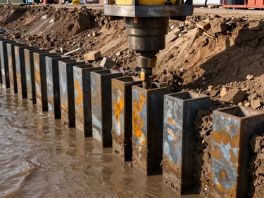 Wide angle shot of interlocking steel sheet piles being pressed into water-saturated clay at a waterfront site, vibratory hammer overhead, muddy water at the toe of the wall, late afternoon site light