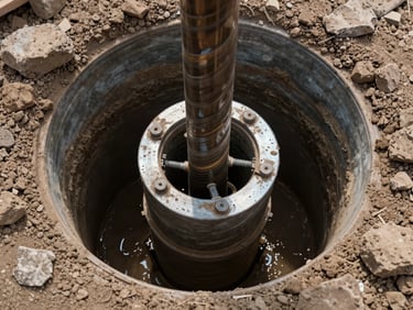 Close overhead shot of a rotary auger drill string entering a bored pile collar, steel casing visible at the bore edge, wet clay spoil around the rim, natural daylight on an active jobsite
