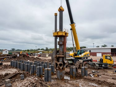 Wide site shot of a vibratory hammer driving steel sheet piles into saturated clay at a waterfront infrastructure project, crane boom overhead, overcast daylight