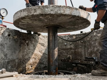 Close angle inside a confined industrial foundation pit showing a micropile drill mast positioned beneath existing concrete slab, crew member monitoring grout pressure, daylight from above