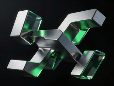 Sleek 3D render of abstract metallic and glass geometric structures floating in dark space, dramatic studio lighting, neon green reflections, sharp focus, 8k