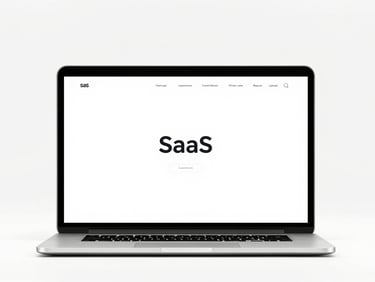 Clean laptop screen showing a minimalist SaaS landing page design, soft shadows