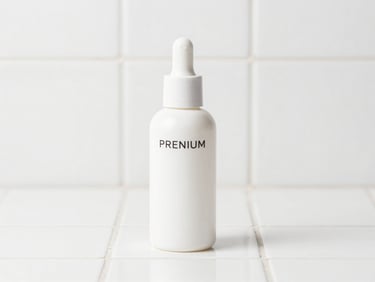Premium cosmetic bottle on a clean white ceramic tile, soft diffused studio light