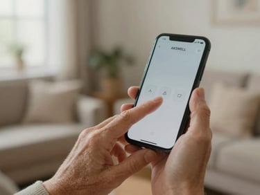 Close-up of an older adult's hand confidently tapping a large, clearly labeled button on a smartphone running AKSWELL, with a blurred, warm home background.