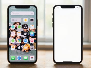 Side-by-side comparison of a cluttered standard Android home screen next to a clean, high-contrast AKSWELL home screen, both on modern smartphones, in soft, natural light.