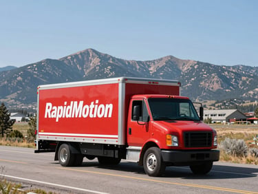 A RapidMotion branded moving truck driving on a scenic Colorado highway with mountains in the background, bright natural daylight, high contrast, red and charcoal tones.