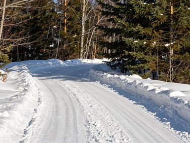 A clean, freshly plowed driveway in Nova Scotia with crisp snow banks under bright winter light, 35mm