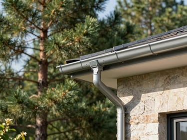 Clean, clear metal gutters on a modern home with pine trees in the soft focus background, 35mm