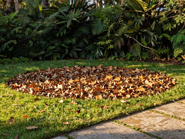 A tidy yard with freshly raked leaves and clear lawn edges under golden morning light, 35mm