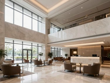 Wide-angle view of a pristine hotel lobby with high-end furniture and perfectly balanced architectural lines