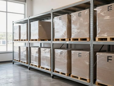 Organized warehouse racking showing pristine hospitality-grade FF&E wrapped and ready for sequenced delivery