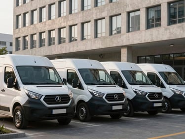 Clean modern commercial vehicles parked in a neat row under soft morning sunlight, architectural concrete office building in the background, professional atmosphere