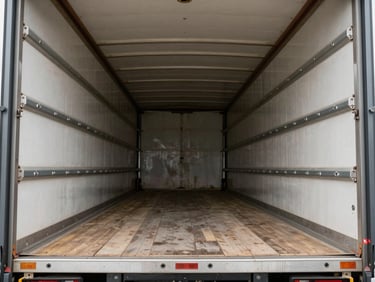 Interior of a large freight truck, wide empty cargo hold showing full depth with wooden floor slats and heavy-duty anchor points along both walls, overcast daylight visible from rear ramp