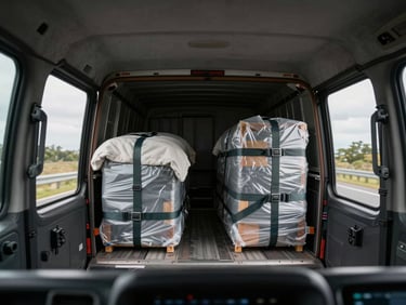 Large moving truck interior shot from driver's perspective showing fully loaded cargo space, furniture wrapped in protective blankets and secured with straps, overcast daylight filtering through cab windows