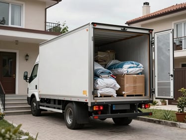 Mid-size moving truck parked beside a residential building stairwell entrance, overcast Turkish daylight, rear cargo doors open showing partially loaded household items wrapped in moving blankets