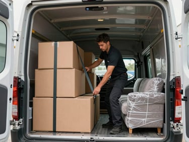 Interior of a mid-size moving truck, crew member securing stacked boxes with ratchet straps, blanket-wrapped sofa visible at the side, natural daylight from open cargo doors, showing substantial load depth