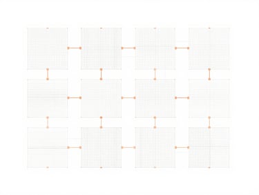 Flat-lay blueprint diagram of an AI pipeline, clean vector illustration, minimalist architectural grids, subtle orange connector nodes, high-key white background.