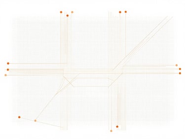 Abstract architectural grid showing data nodes and flow lines, minimalist vector styling, subtle orange accents, high-key white background