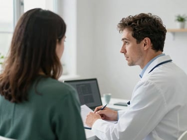 European doctor in a white coat, seen from behind, consulting a patient in a bright, clean general practice office, soft natural light, clinical editorial photography.
