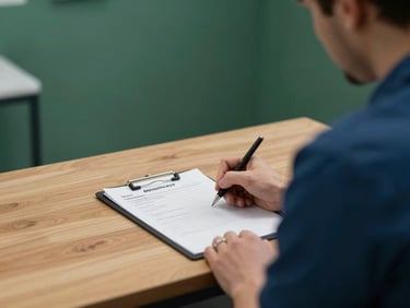 European physician seen from behind, writing a formal medical prescription at a clean wooden desk in a softly lit consultation room.