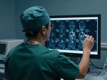 Back-facing view of a medical doctor in green scrubs examining high-contrast diagnostic scans on a digital monitor in a dark room.