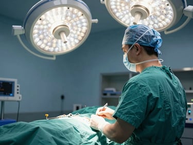 Over-the-shoulder view of a surgeon in green scrubs looking toward a sterile operating table under bright clinical lights.