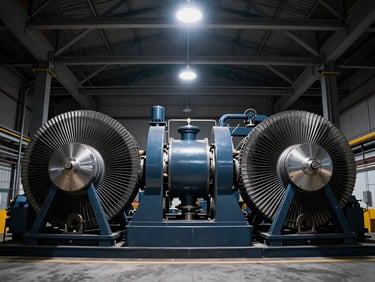 Heavy industrial machinery and turbines being calibrated under high-contrast architectural lighting.