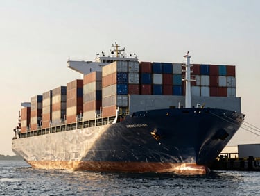 Vast cargo vessel docked at a deep-water port terminal during low-sun golden hour, massive shipping containers stacked.