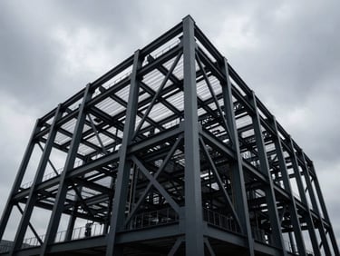 Low-angle architectural view of massive structural steel framing under a dramatic high-contrast overcast sky.
