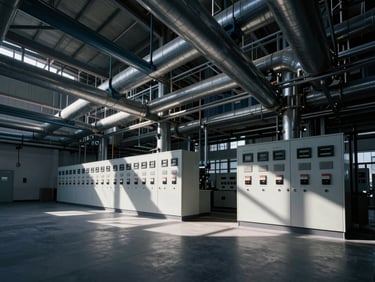 Clean industrial control room and high-capacity processing pipelines with dramatic structural shadows.