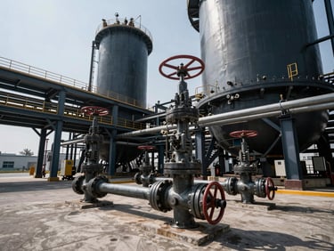 Industrial fire safety mitigation network and high-pressure valves inside a heavy manufacturing facility.