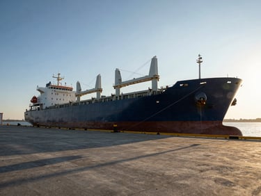 A massive cargo vessel docked at a deepwater port during low-sun golden hour, casting long structural shadows across concrete berths