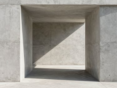 Architectural crop of a clean, empty concrete corridor, neutral studio light, high-contrast charcoal and off-white tones.