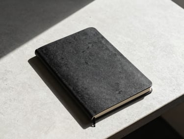 Minimalist desk setup with a single black physical notebook on a light grey concrete surface, sharp direct sunlight, stark shadows.