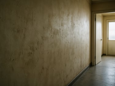 Before state of a hallway wall in a residential building, worn paint with visible stains and uneven texture, diffused natural light, no people