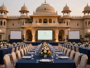 Formal corporate banquet setting with long tables, elegant centerpieces, and projection screens, within the grand architecture of Mhasweshwer Palace, warm editorial photography, rich navy and gold tones, majestic royal Indian architecture, 35mm