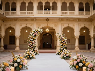 Decorated baby shower event with soft pastel flowers and golden accents, set within a grand hall at Mhasweshwer Palace, warm editorial photography, rich navy and gold tones, majestic royal Indian architecture, 35mm