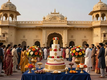 Lavish birthday party setup with a multi-tiered cake and vibrant floral arrangements, guests in traditional attire, inside Mhasweshwer Palace, warm editorial photography, rich navy and gold tones, majestic royal Indian architecture, 35mm