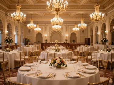 Sweeping view of a grand banquet hall set for a reception, elegant table settings, chandeliers, warm lighting, 35mm