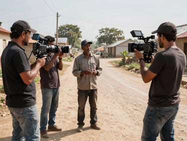 A professional camera crew filming an interview with local rural voters on a dusty village road, high-contrast morning light